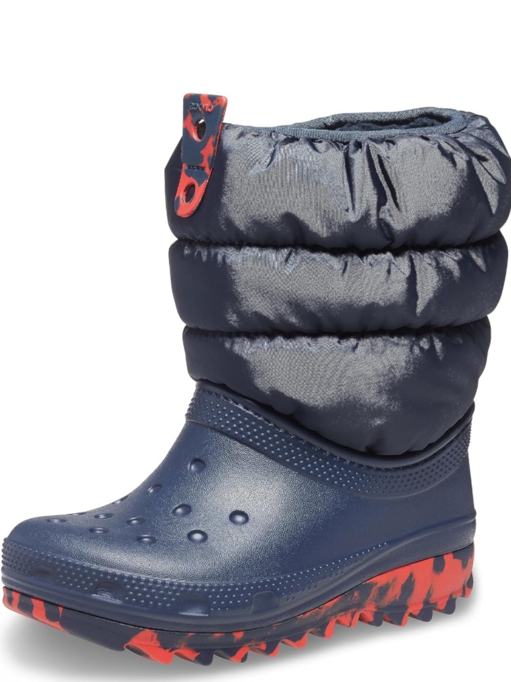 NEW CROCS kicz. Lassis Neo Puff Snow Boot Navh with Red Accent Sole size c8